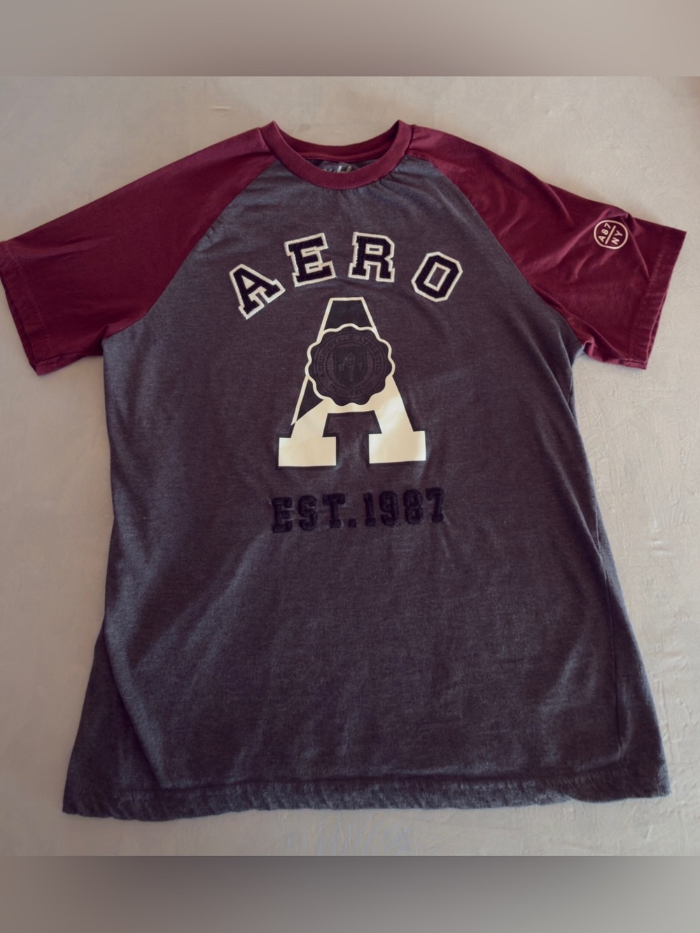 Aeropostale Maroon and Gray Raglan Graphic Tee